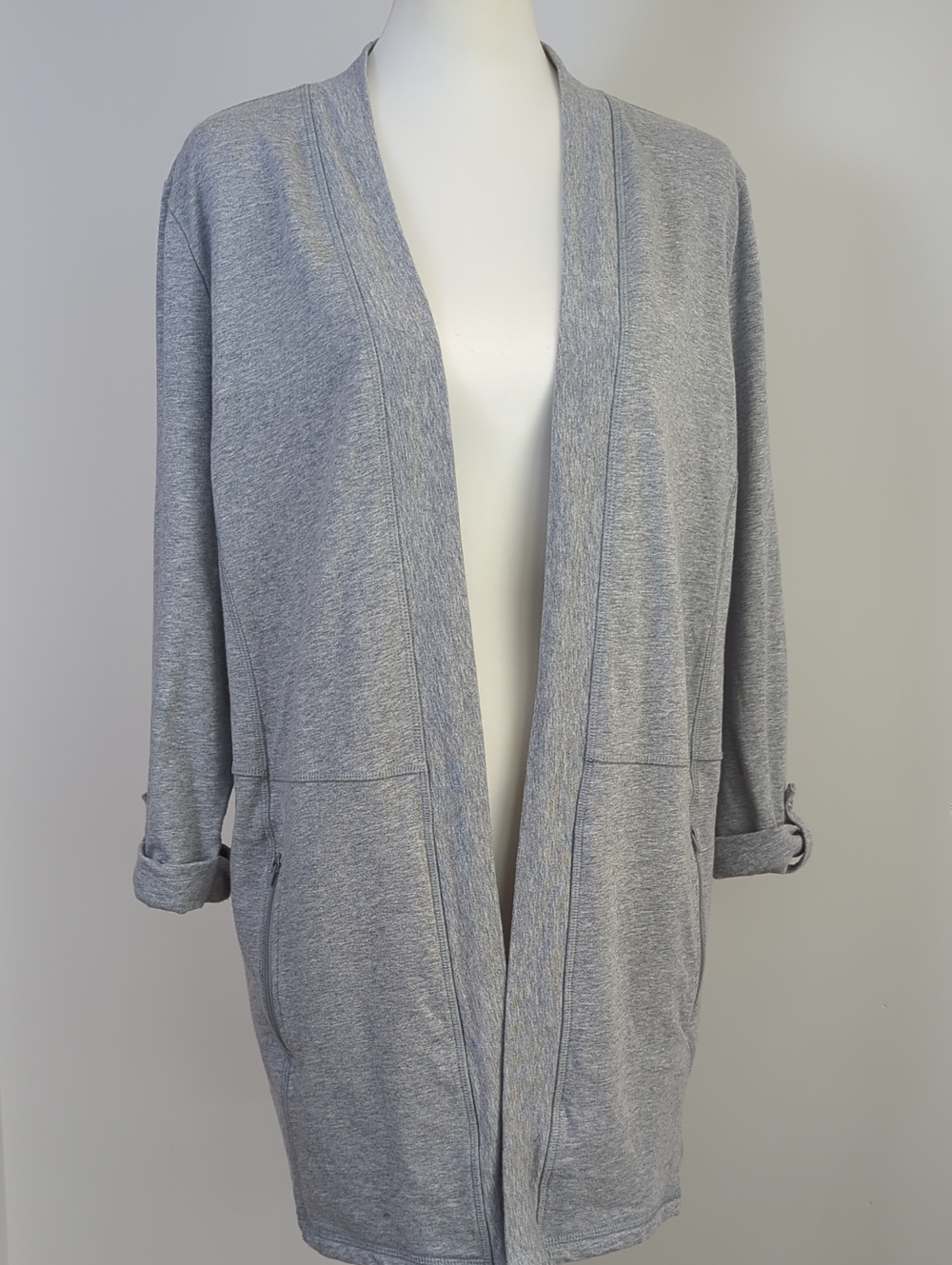 Karen Scott Sport Open-Front Gray Knit Cardigan Jacket with Zipper Pockets LARGE